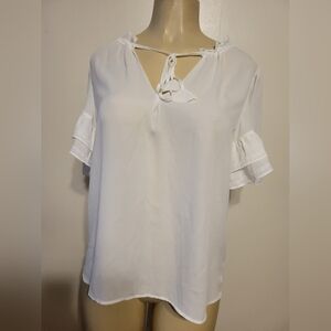 Max Stuido White Blouse Ruffled Sleeves Demure Business Causal Timeless NWT